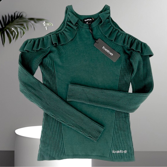 bebe Sweaters - BEBE Knit Sweater Ruffle Cold Shoulder Long Sleeves Embellished Logo Round Neck